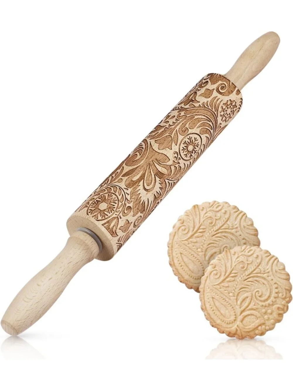 Engraved Wooden Rolling Pin with Snowflake & Flower Patterns for Baking Pastry